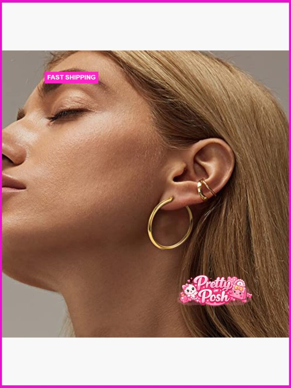 Sterling Silver Post Hoop Earrings 14K Gold Plated Chunky Hoops Hypoallergenic - Picture 2 of 7
